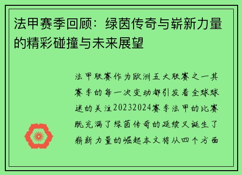 法甲赛季回顾：绿茵传奇与崭新力量的精彩碰撞与未来展望