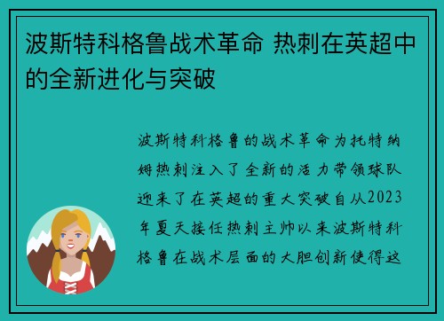 波斯特科格鲁战术革命 热刺在英超中的全新进化与突破