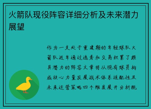 火箭队现役阵容详细分析及未来潜力展望